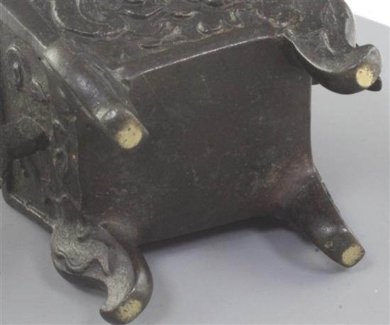 A miniature Chinese bronze censer, Fangding, 17th century, height 10.5cm